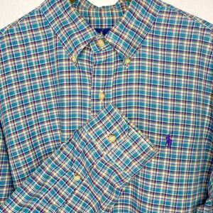 RALPH LAUREN Shirt Plaid Casual Long Sleeve Button Down 100% Cotton Mens L Teal